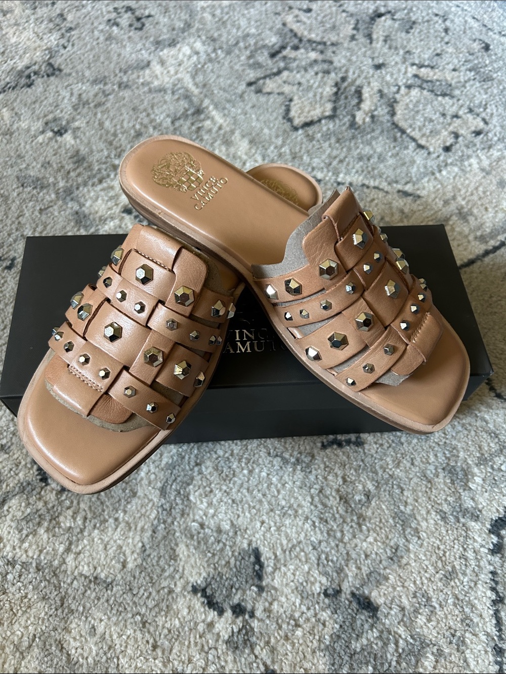 Vince Camuto Neverna Tan Leather Studded Slide Mules